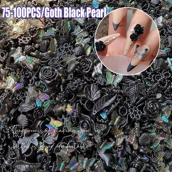 100ks Zmiešané Goth Black Pearl Nechtov Kúzlo 10*10mmHollow Luk/Srdce/Camellia/Motýľ, Nail Art, 3D Pearl Manikúra Šperky-25&78