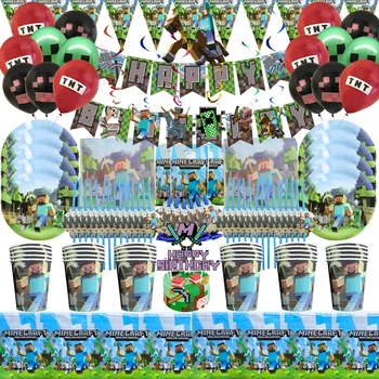 111/181pcs Baník Crafting Hre Pixel Party Decor Set Deti Narodeninovej Party Jednorázový Riad Poháre Taniere Balóny Baby Sprcha
