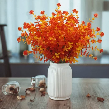 1Bunch Umelé Jesenné Dekorácie Kvet Rastliny Eukalyptu Yugali Jeseň Dekor pre Domáce Červené Pomarančový Kvet