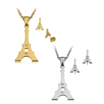 2018 Nové Módne Ženy Šperky Set Eiffelova Veža Prívesok Náhrdelník Drahokamu Sveter Z Nehrdzavejúcej Ocele Náhrdelník Ženy Stud Náušnice