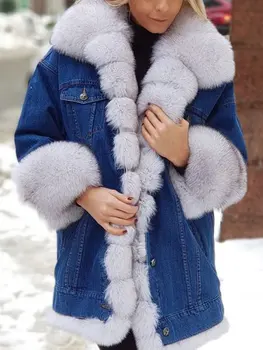 2021 Ženy Zimné Umelú Kožušinu Kabát S Kapucňou Dámy Teplé Zahustiť Demin Tlačidlo Bunda Outwear Ležérne Módne Ženy Kabát