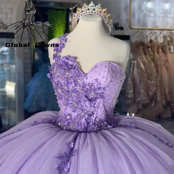 2022 Očarujúce Fialová Princezná Jedného Pleca Quinceanera Šaty Korálkové Appliques 3D Kvety plesové Šaty, Vestidos De 15 Años