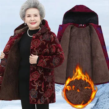 Babička Nosenie Bavlna-Vatovaný Kabát v Strednom Veku Starších Matka Zimné Oblečenie Žien Parkas Plus Velvet Hrubé Prešívaná Bunda XL-5XL