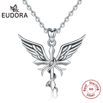 EUDORA 925 Sterling Silver Cross Prívesok Náhrdelník Pevné silver Cross náhrdelník Krídlo jemné Šperky s box Pre Ženy Muž CYD503