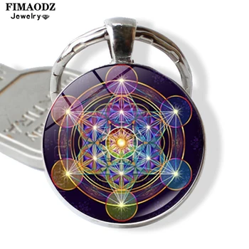 FIMAODZ Metatron Kocka Keychain Posvätná Geometria Star Čakra Duchovné Sklo Cabochon Prívesok prívesok pre Mužov, Ženy Darček