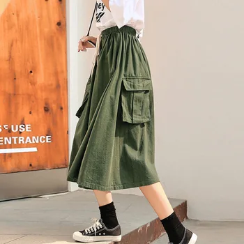 Harajuku Cargo Sukne Ženy Voľné A-line Vrecku Pevné Midi Dlho Zelená Čierna Sukňa Módne kórejský Hip Hop Vysoký Pás Streetwear