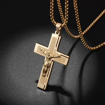 Kríž Katolíckej Náhrdelník pre Mužov Nehrdzavejúcej Ocele Zlatá Farba Ježiša Krista na Kríži Náhrdelník Amulet Cirkvi Modlitba Šperky