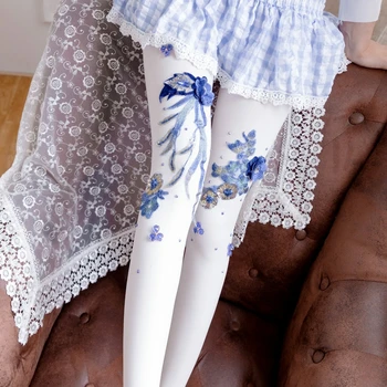 lolita modrá a biela porcelánu, ručne vyšívané čipky pantyhose kawaii dievča gothic lolita sladké roztomilý Princezná loli cos