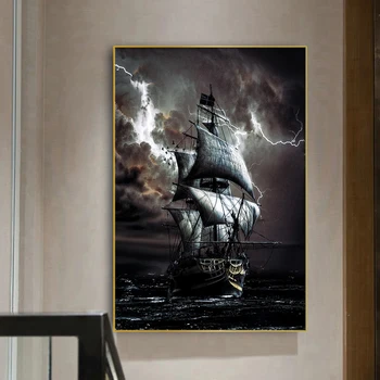 Pirátska Loď Maľovanie Čierna Vintage Plachetnica a Búrky na Mori Plátno Plagáty a Vytlačí Obývacej Miestnosti Dekorácie