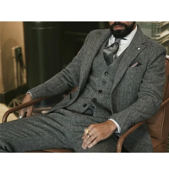 Sivý Vlnený Tweed Muži Obleky Pre Zimné Svadobné Formálne Ženícha Smoking 3 Ks pričom Uhlopriečny Mužskej Módy Nastaviť Bunda Vesta s Nohavice