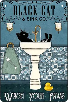 Vtipné Kúpeľňa Retro Kovov Cín Sign - Čierna Mačka, Umyť Labky - Vintage Hliník označenie pre Domáce Wc Reštaurácia Kuchyňa Bar
