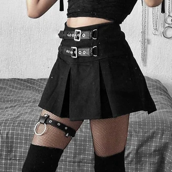 Čierna Skladaná Sukňa S Priechodka Popruh Prackou Punk Rock Goth Belted Mini Sukne Alt Ženy e-dievča Estetické Oblečenie