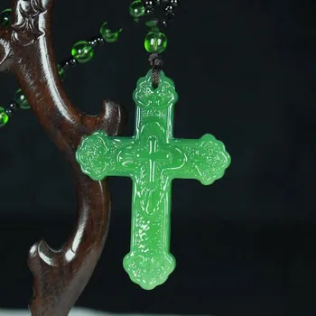 Čínske Prírodné Green Jade Kríž Náhrdelník Prívesok, Ručne vyrezávané Kúzlo Smiať, Šperky, Módne Šťastie, Amulet Darčeky pre Mužov, Ženy