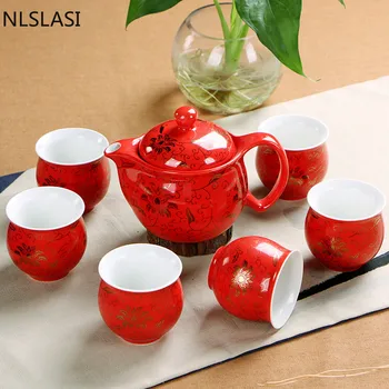 Čínske tradičné svadobné keramické čaj nastaviť Double anti-horúci čaj pohár Dvojité šťastie kanvica Domácnosti Pitnou riad NLSLASI