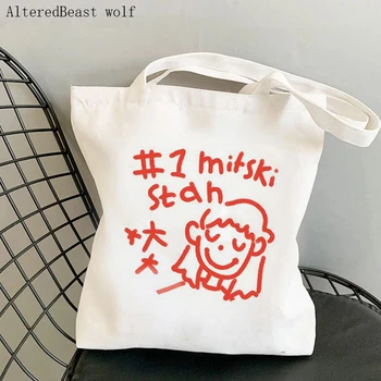 Ženy taška cez Rameno Mitski Cartoon potlačenom Harajuku Nakupovanie Plátno Shopper Taška dievča kabelka Tote Ramenný Lady Taška