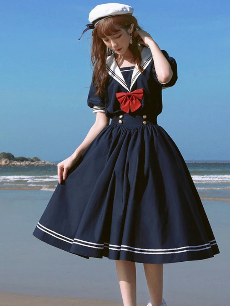 Japonský Sladké Lolita Šaty Harajuku Námorník Golier Navy Šaty Vintage Luk Kawaii Dievčatá Preppy Štýl Dlhý Rukáv Kawaii Šaty Obrázok 1