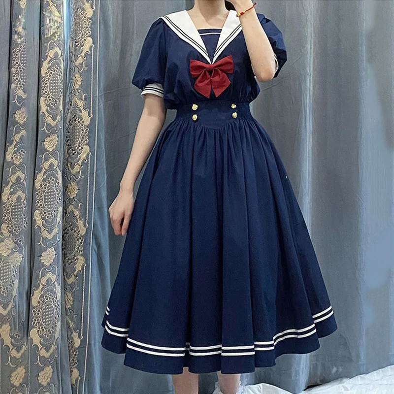 Japonský Sladké Lolita Šaty Harajuku Námorník Golier Navy Šaty Vintage Luk Kawaii Dievčatá Preppy Štýl Dlhý Rukáv Kawaii Šaty Obrázok 3