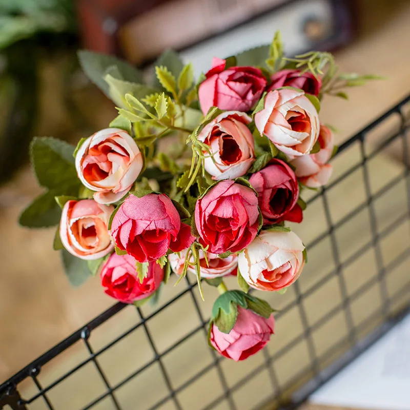 15heads/1 zväzok Hodváb čaj ruže kytice Nevesty na Vianoce domov svadobné nový Rok dekorácie falošné rastliny, umelé kvety Obrázok 3